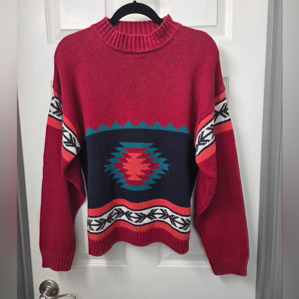 Vintage BADGE Red Blue Mix Southwestern Pattern Sweater Western Boho Medium